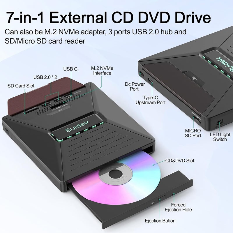 SUIDEK External CD DVD Drive for Laptop, 7 in 1 Portable CD DVD +/-RW Burner Reader with M.2 NVMe Interface,SD/Micro SD Card Slots and USB A Type C 2.0, Compatible with Laptop PC Mac Windows Linux - Image 2